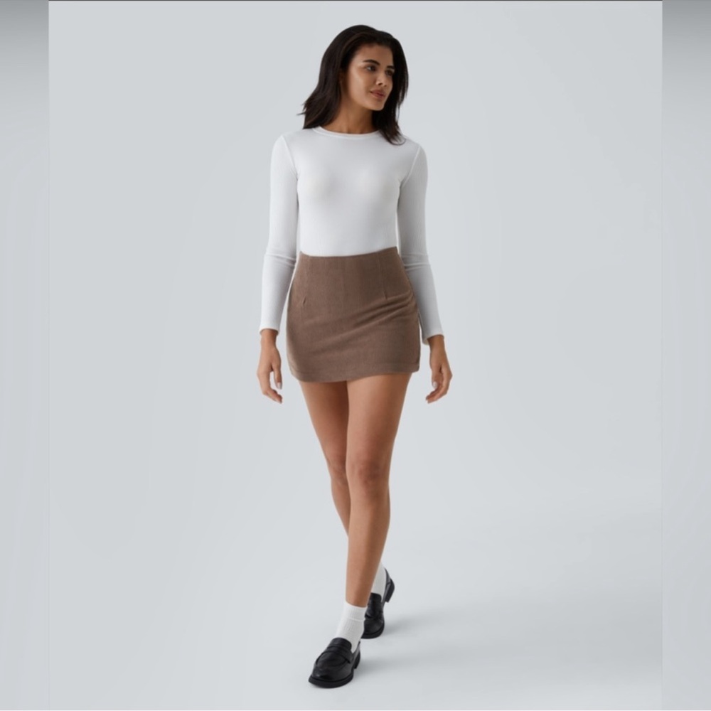 High Waisted Invisible Zipper 2-in-1 A Line Mini Corduroy Casual Skirt - Picture 2 of 14